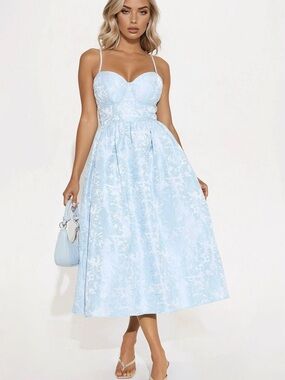 Fashion Nova Pale Blue Floral Midi Dress with Sweetheart Neckline